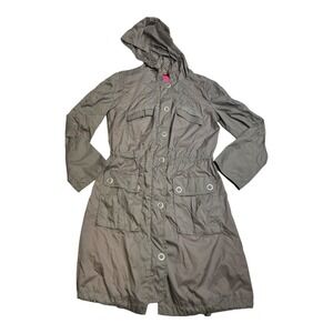DKNY Active Petites Gray Hooded Lightweight Trench Coat Jacket Button Up Women's